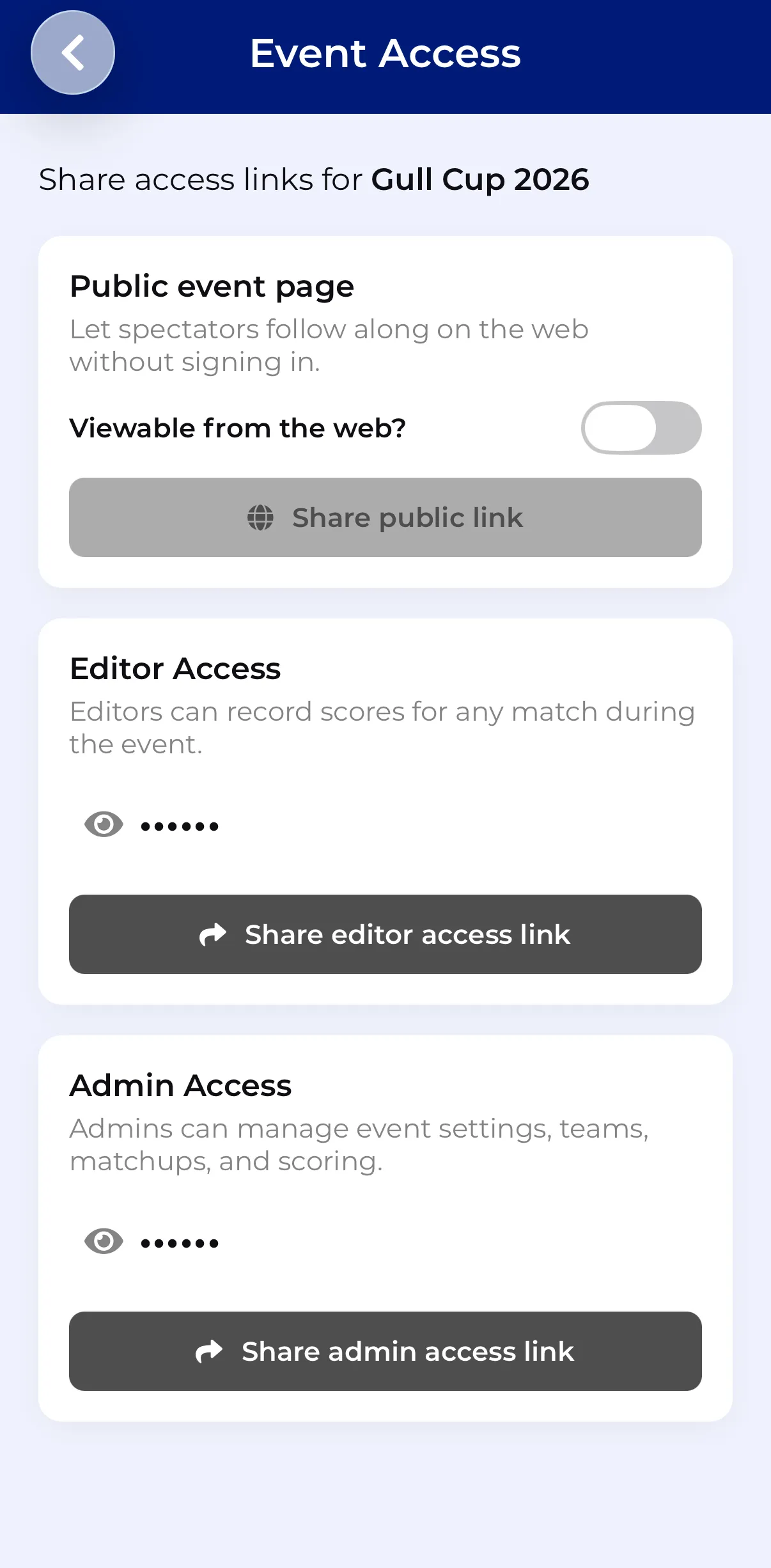 CupTracker invite codes for sharing with players