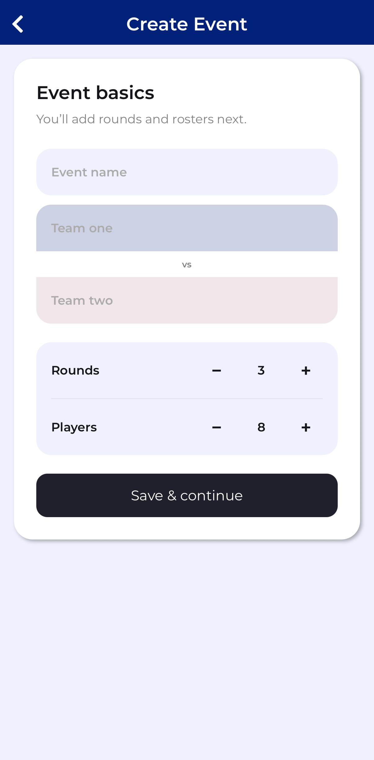 Creating a new event in CupTracker