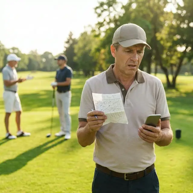 Frustrated golfer trying to calculate scores on a paper scorecard