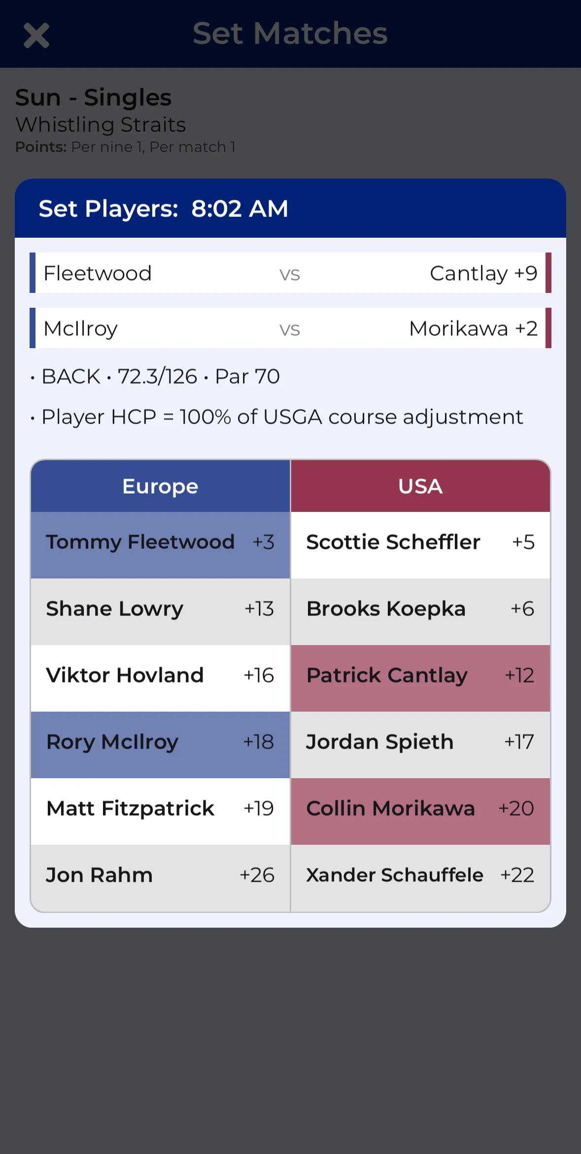 CupTracker match play screen showing live team matchups
