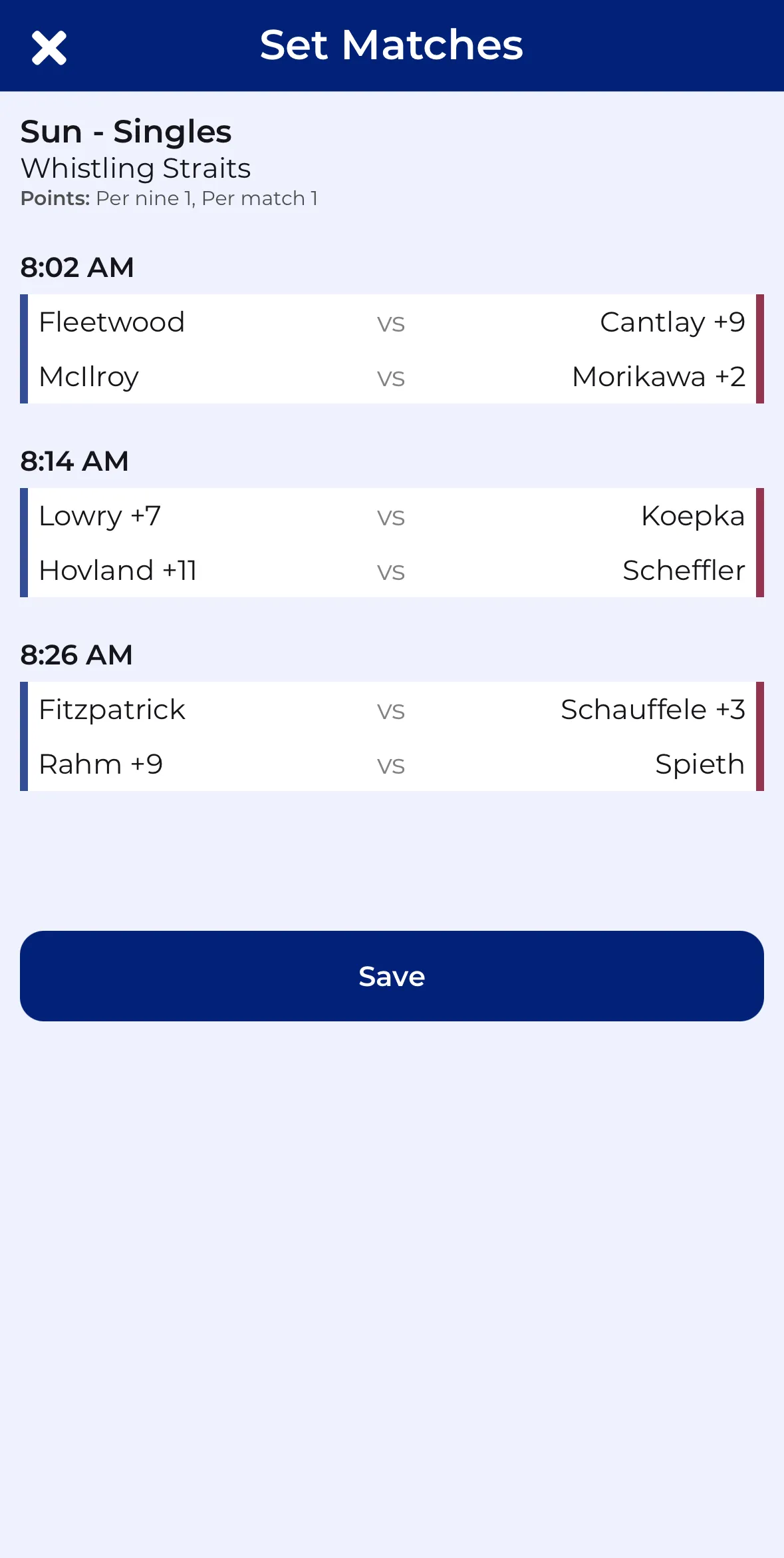 CupTracker matchup setup screen showing round pairings